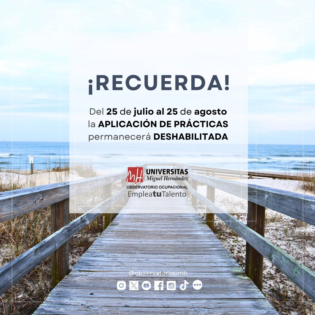 observatorioumh's tweet photo. 🚨Te recordamos que si eres estudiante
@UniversidadMH o @AlumniUMH💻
del 🗓️25 julio al 25 de agosto⛔️la APLICACIÓN DE PRÁCTICAS permanecerá DESHABILITADA⛔️y 🚫NO SE PODRÁ TRAMITAR DOCUMENTACIÓN🚫

👉Más info:
https://t.co/VAmwVcocXr

#UMH #prácticas #empleo https://t.co/JG7qnyJHUo