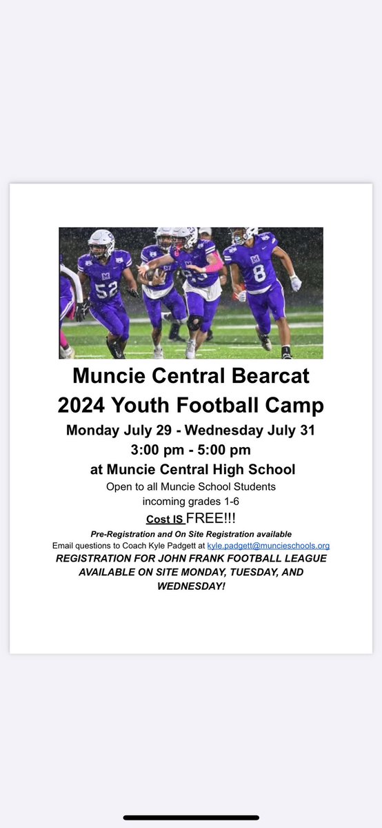 Today is the day…Youth camp starts this afternoon! Camp WILL BE ON rain or shine! Make sure to bring tennis shoes as we will go in the gym if it is raining! SPREAD THE WORD! <a href="/MuncieCentralFB/">Muncie Central Football</a>  <a href="/MuncieSchools/">Muncie Community Schools</a> <a href="/JFLFootball765/">John Frank Football</a>