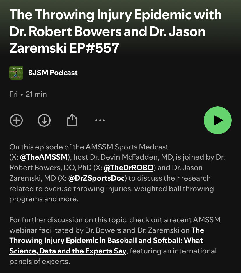 ⚠️ The throwing injury epidemic 

NEW #BJSMPodcast 🎧 from the AMSSM where Dr. Robert Bowers and Dr. Jason Zaremski deep dive into overuse throwing injuries ⚾️

Includes some fantastic resources ✅

Listen ➡️ bit.ly/3LBD4o4