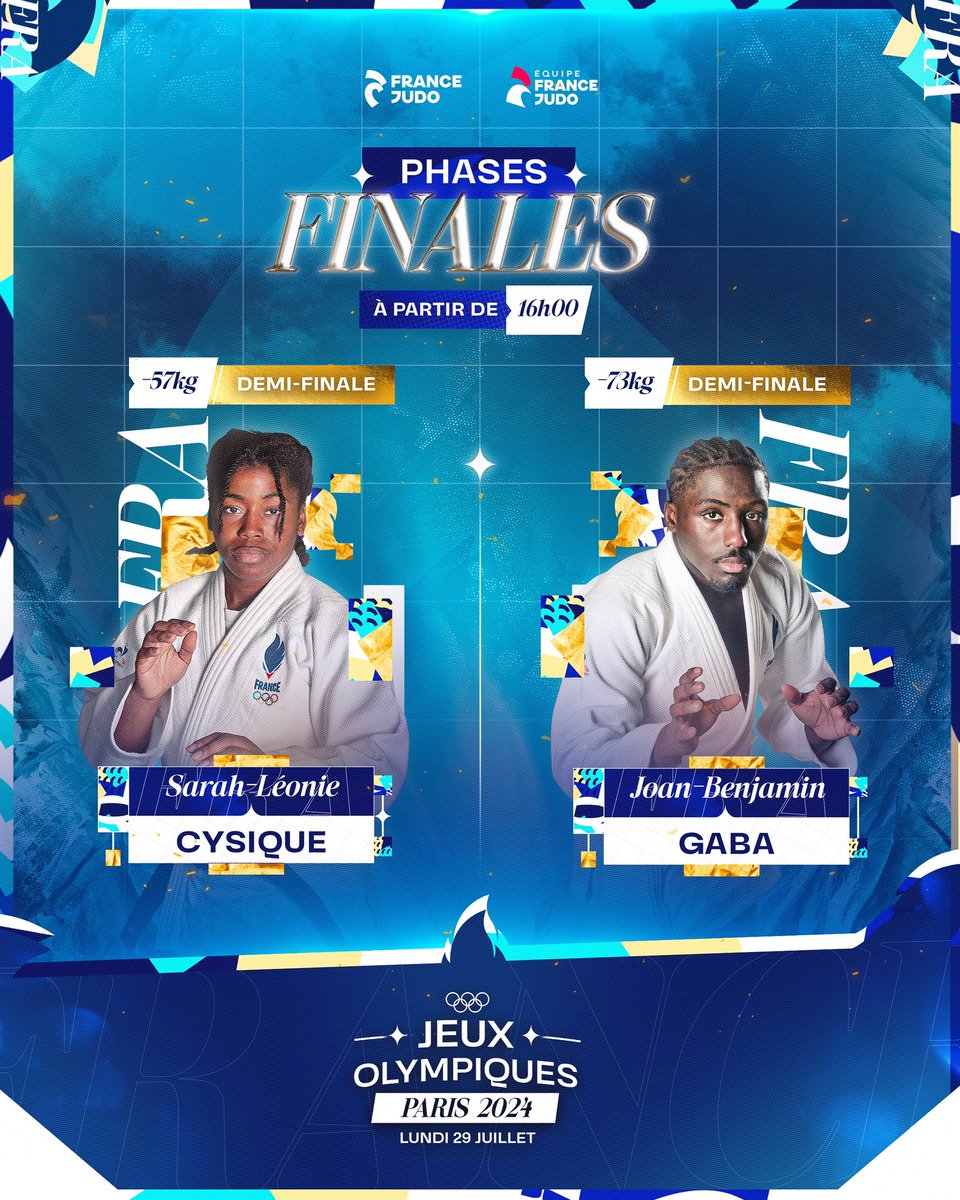 POUR UN DOUBLÉ EN OR 🌟✌

🥇 Nos deux judokas du jour, Sarah-Léonie Cysique (-57kg) et Joan-Benjamin Gaba (-73kg), combattront tous les deux pour une place en finale.

📺 Suivez les combats en direct sur <a href="/FranceTV/">France tv</a> ou <a href="/Eurosport_FR/">Eurosport France</a> à partir de 16H.

#EnsemblePourLHistoire