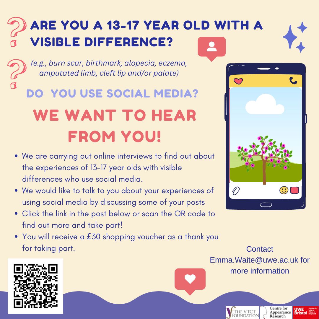#ResearchOpportunity: Are you a 13-17 year old with a visible difference who uses social media?

PHD researchers at University of West England are looking for young people who are interested in sharing their experiences with social media. More info: 

uwe.eu.qualtrics.com/jfe/form/SV_br…