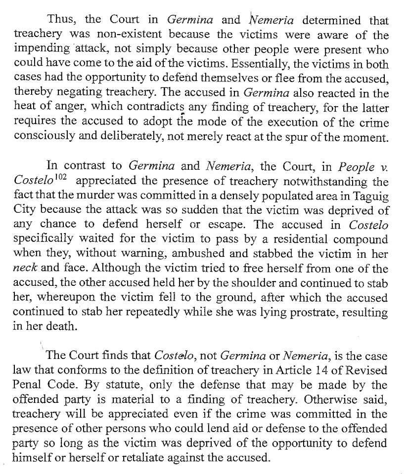 ohlistic's tweet photo. Clarifying past rulings, SC rules that treachery in murder may occur even if killing takes place in the presence of other people who could have aided the victims. Only the defense that may be made by offended party is material to treachery. (Ppl. v. Sia, G.R. 262603, 16 Apr 2023) https://t.co/gvfsRp8deM
