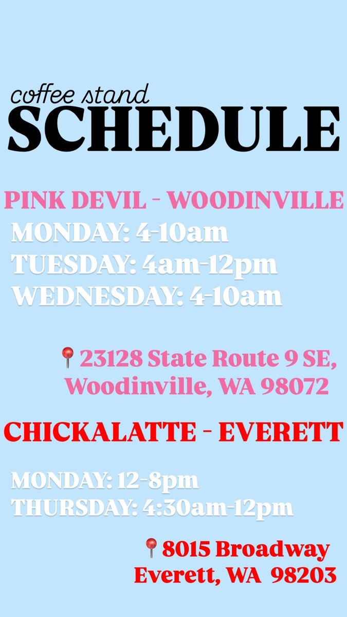 THIS WEEKS SCHEDULE! LETS HAVE A FUN WEEK IN WOODINVILLE &amp; EVERETT