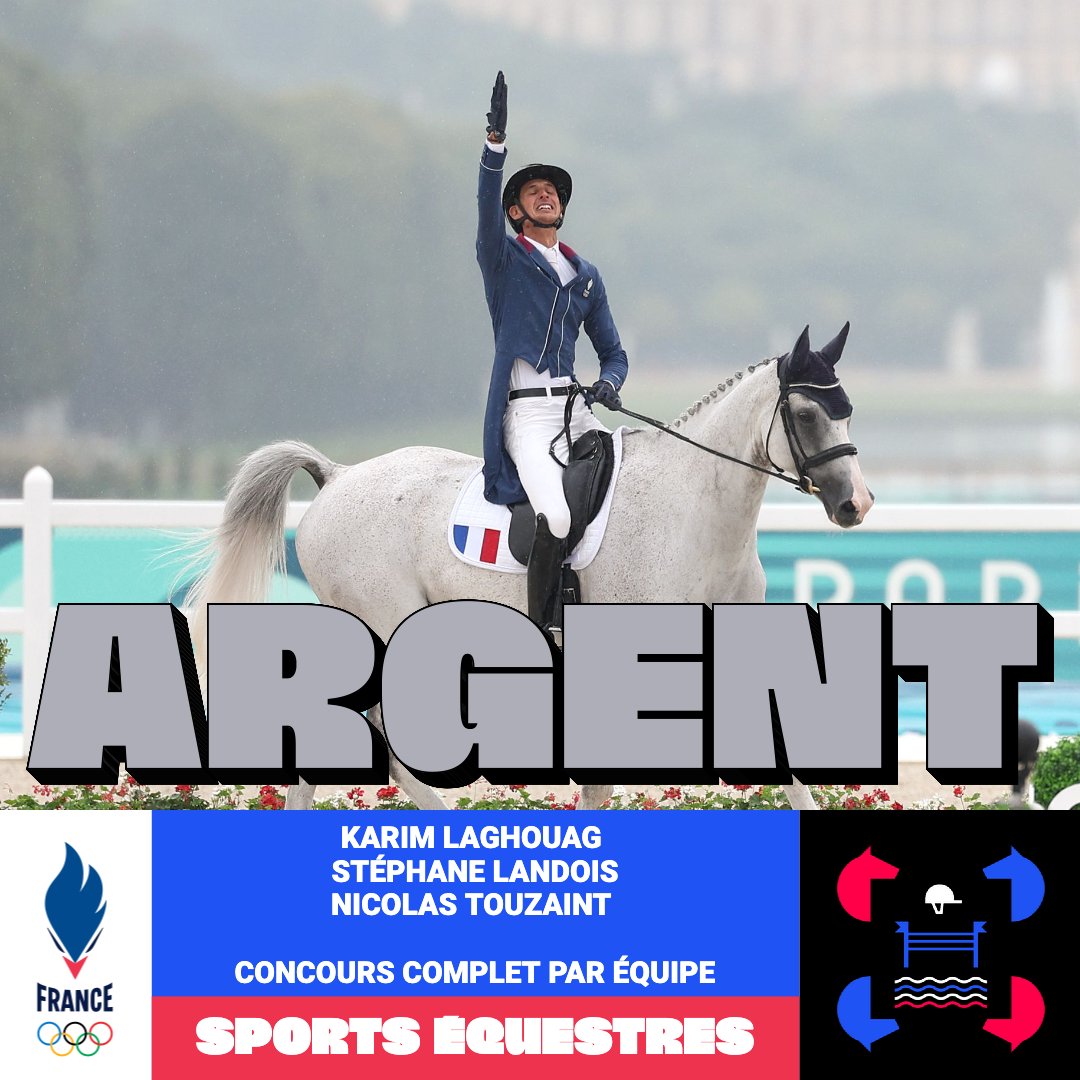 EquipeFRA's tweet photo. LA MÉDAILLE D'ARGENT POUR NOS CAVALIERS 🥈

Karim Laghouag, Stéphane Landois et Nicolas Touzaint deviennent vice-champions olympiques en concours complet ✨

#AllezLesBleus #Paris2024 https://t.co/WJMNgJv519