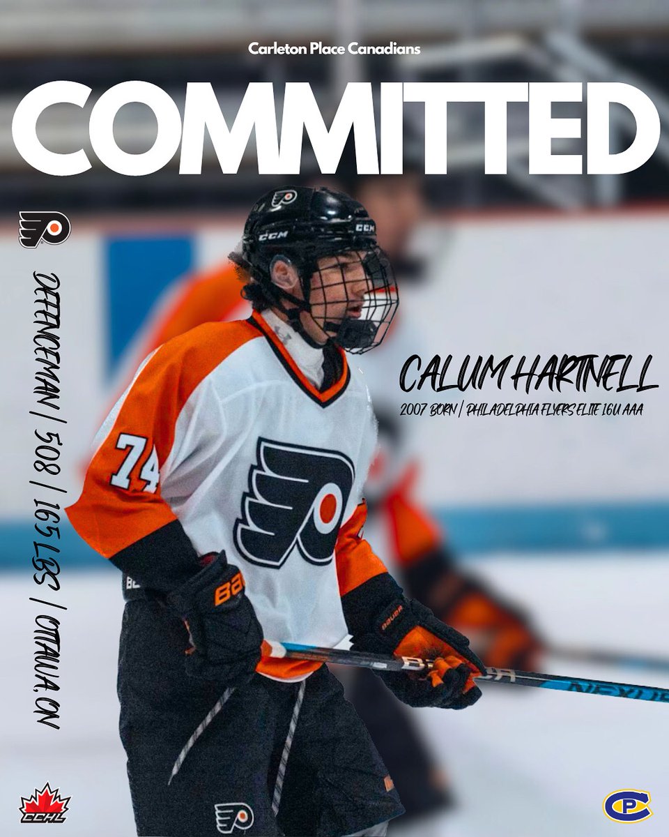 COMMITMENT! 

The Carleton Place Canadians are proud announce the commitment of 2007 D Calum Hartnell. Calum joins the Canadians from the Philadelphia Flyers Elite 16U AAA program where he registered 14 points in 18 GP last season.

Welcome, Calum!

🔵🟡🔵
#CPC #WeNotMe