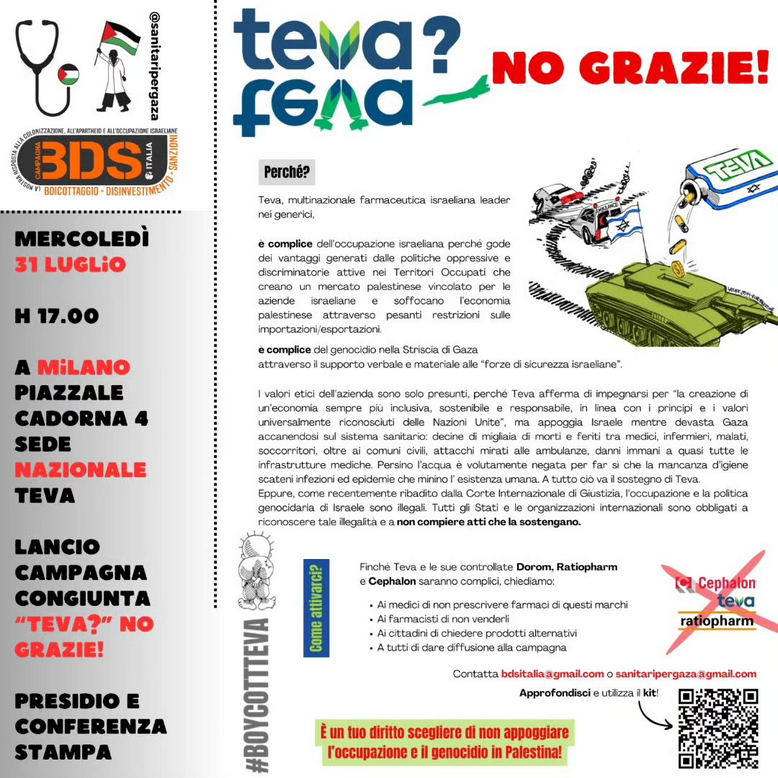 bdsitalia's tweet photo. SANITARI PER GAZA E BDS ITALIA LANCIANO ASSIEME LA CAMPAGNA “TEVA? NO GRAZIE!”
La multinazionale farmaceutica israeliana è complice con le politiche oppressive e genocidarie di Israele.
Per più info: https://t.co/sCk8lxXc1l
#BoycottTEVA #GazaGenocide #DismantleApartheid #BDS https://t.co/hxP6D6JuzN