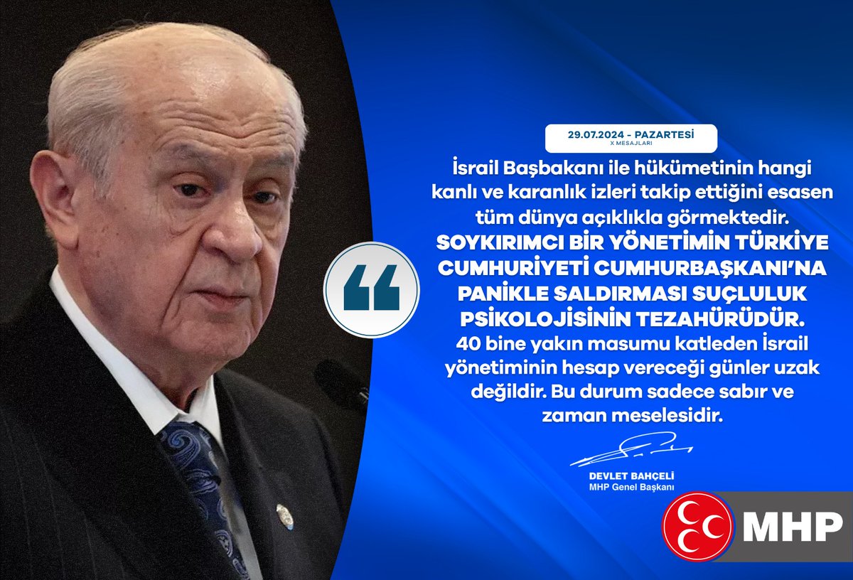 İsrail Başbakanı ile hükümetinin hangi kanlı ve karanlık izleri takip ettiğini esasen tüm dünya açıklıkla görmektedir. Soykırımcı bir yönetimin Türkiye Cumhuriyeti Cumhurbaşkanı’na panikle saldırması suçluluk psikolojisinin tezahürüdür. 40 bine yakın masumu katleden İsrail
