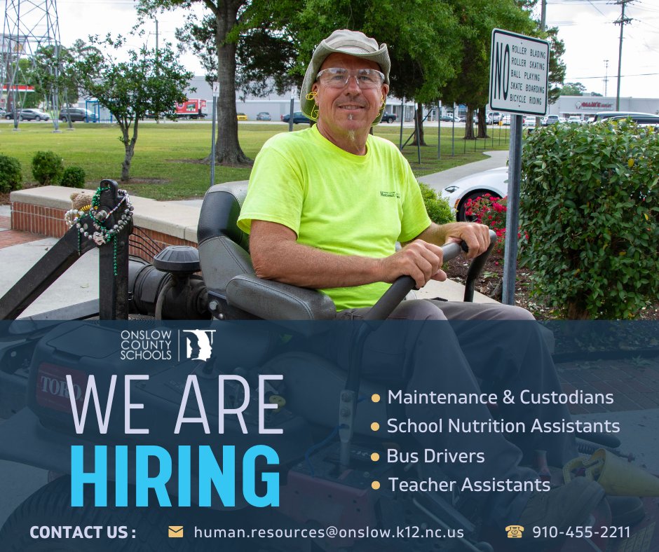 We are looking for people to join the OCS team as maintenance workers, custodians, school nutrition assistants, teacher assistants, bus drivers &amp; more!  
If you are interested in a career with OCS, please visit our website for a list of current openings: applitrack.com/onslow/onlinea…