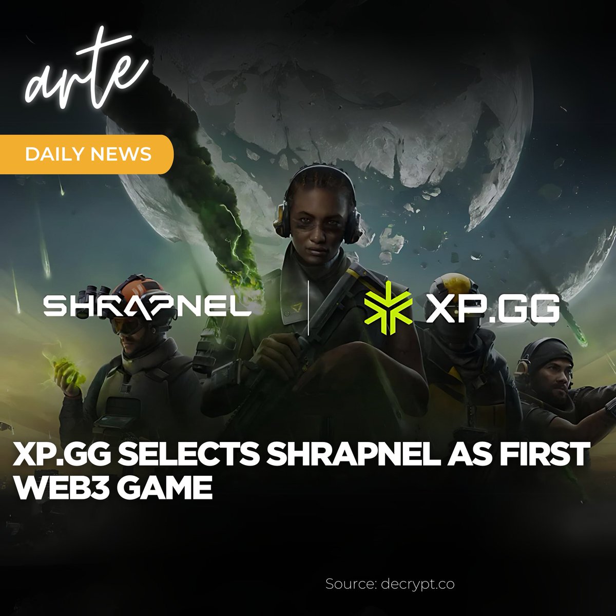 📢 arte Daily News

XP.GG Selects <a href="/playSHRAPNEL/">SHRAPNEL</a> as First #Web3 Game.

Perion Labs and Shrapnel launch XP.GG on August 1, integrating a Universal Battle Pass and real prizes for #gamers.

tinyurl.com/3p3wn333

@decryptmedia