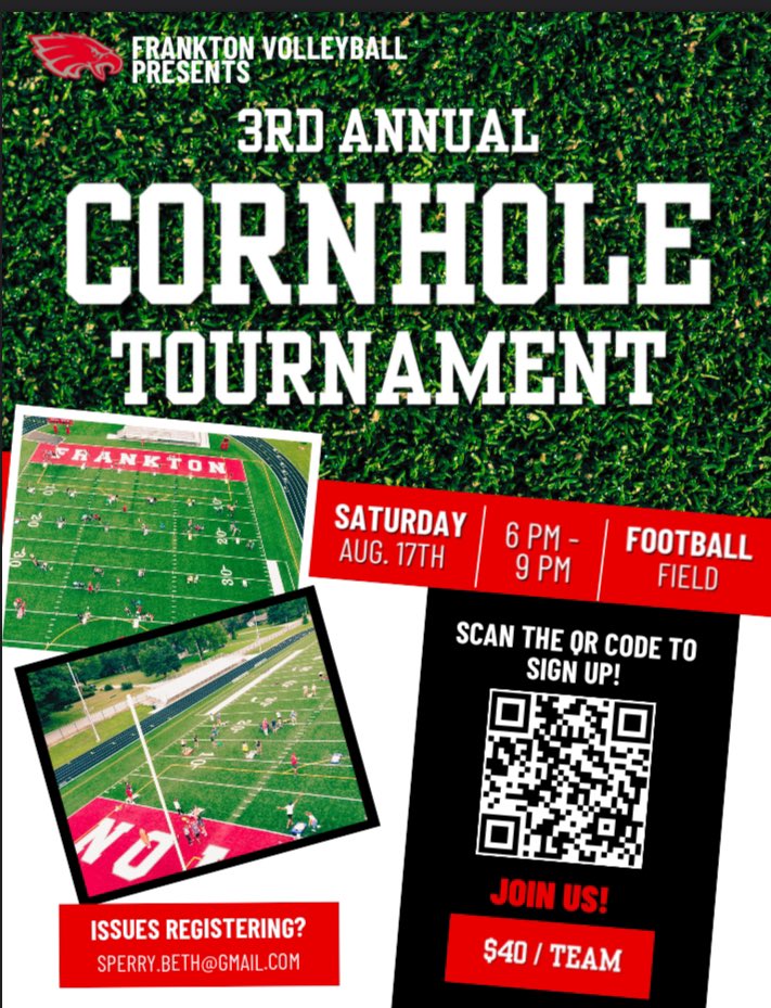 FHSEagle_VB's tweet photo. We are excited to announced our 3rd annual Cornhole Tournament! Please register via the QR code below. There will be a raffle for two large themed coolers and prizes for our winners! Please feel free to dress up &amp; there will be an additional prize for best dressed team! https://t.co/8qUTWMT9cG