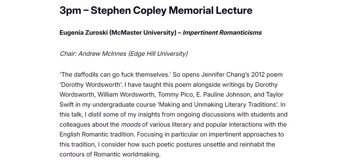 #BARSOnline2024 is taking place this week!
We're so excited to hear your excellent papers! 
We also have two exciting plenary speakers - the first of which is <a href="/zugenia/">祖思薪🔥🐍 Eugenia Zuroski</a>, who will be delivering our Stephen Copley Memorial Lecture, entitled 'Impertinent Romanticisms'!