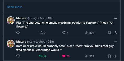 richard_effendi's tweet photo. I just want everyone to know that ZUN is holding his monthly drunk radio stream today, and they're currently talking about which character would smell best (ZUN thinks Yukari would stink because she sleeps all-year round, and Orin would smell like corpses). https://t.co/Gwgsaw9uZX