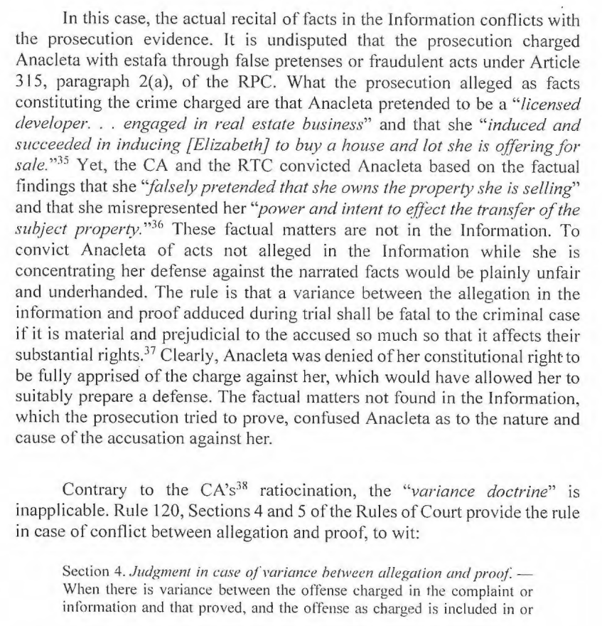 ohlistic's tweet photo. The variance doctrine cannot justify conviction of accused for estafa through false pretenses where the misrepresentations alleged in Information differ from pretenses proved by prosecution's evidence - a violation of constitutional right of accused to be informed of charges. https://t.co/9zfeNle9XD