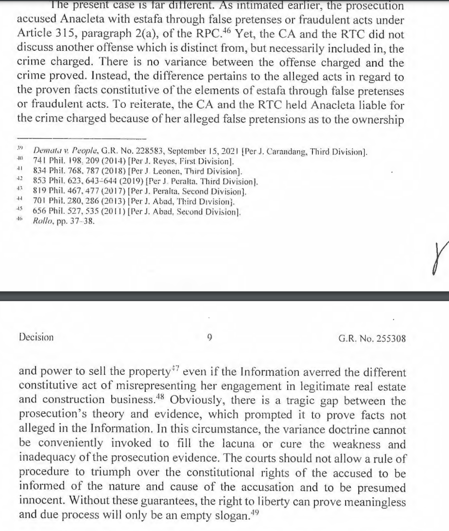 ohlistic's tweet photo. The variance doctrine cannot justify conviction of accused for estafa through false pretenses where the misrepresentations alleged in Information differ from pretenses proved by prosecution's evidence - a violation of constitutional right of accused to be informed of charges. https://t.co/9zfeNle9XD