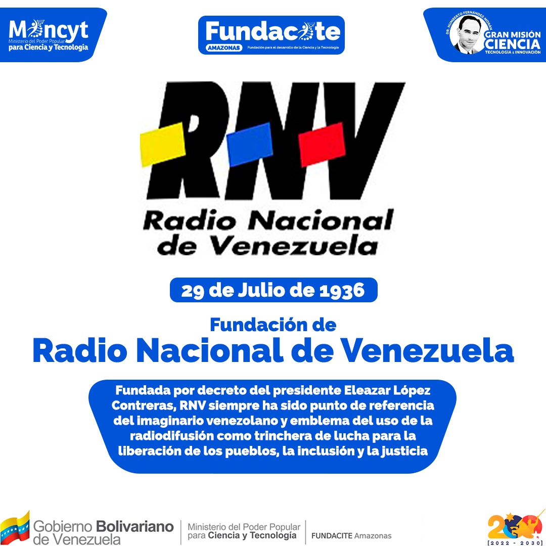 🌎AMAZONAS

#EFEMÉRIDE📅 | 29 de Julio de 1936, Fundación de Radio Nacional de Venezuela.
<a href="/NicolasMaduro/">Nicolás Maduro</a>
<a href="/delcyrodriguezv/">Delcy Rodríguez</a>
<a href="/Mincyt_VE/">Ministerio del P. P para Ciencia y Tecnología</a>
<a href="/PoloCyT_ve/">Polo Científico-Tecnológico Venezolano</a>
<a href="/Gabrielasjr/">Gabriela Jiménez</a>

#GanóLaPazYLaEsperanza