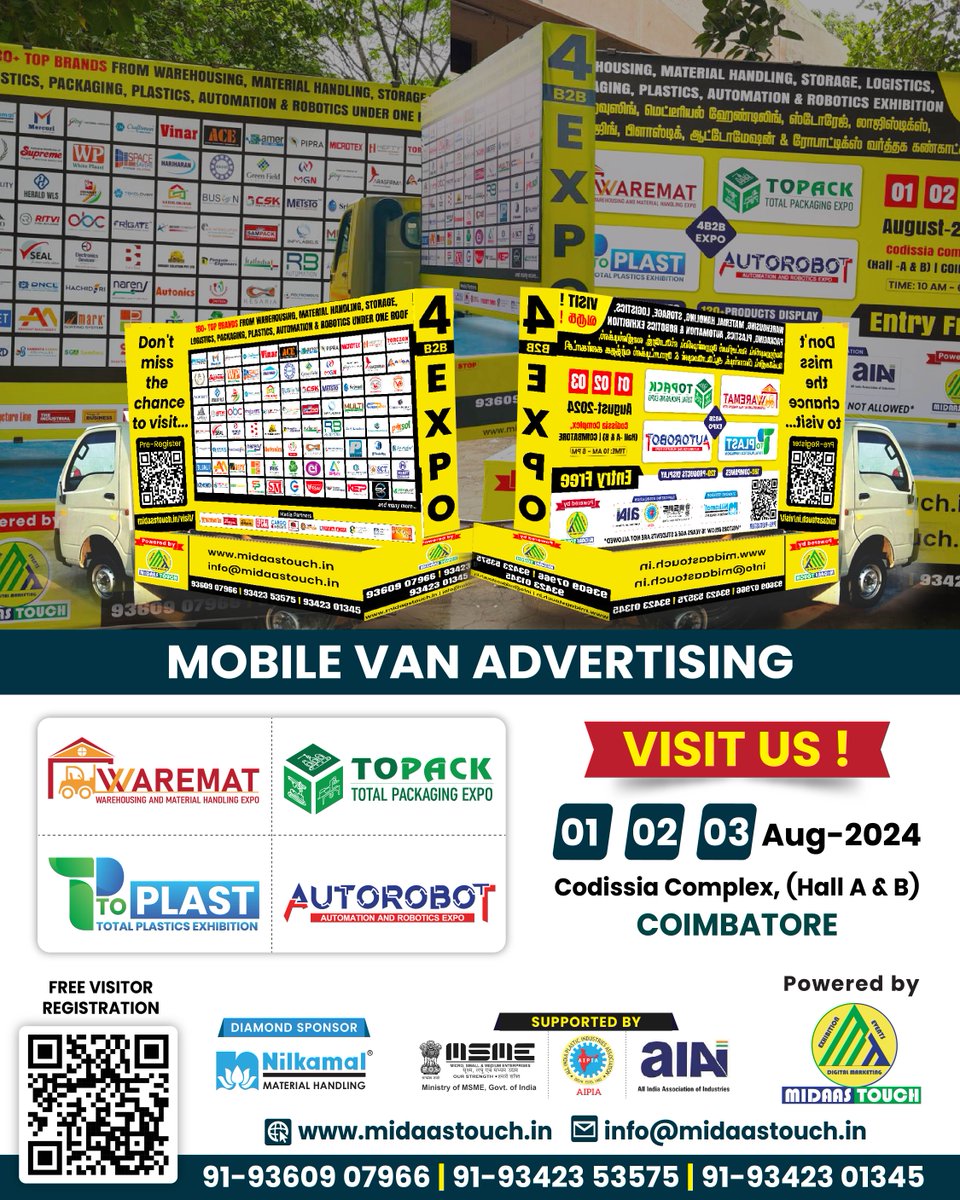 AutorobotExpo's tweet photo. #promotionalactivites π Glimpses of Our #MobileVan #Advertising!
πGet ready for the most comprehensive 4 #B2BExpos for #WAREMAT, #TOPACK, #TOPLAST and #AUTOROBOT of the year!
π
1-3 August 2024
π #Codissia, #Coimbatore (Hall A & B)
β° 10 AM - 6 PM
π https://t.co/Ob7FbMvwiS https://t.co/bgSkKWJmIX