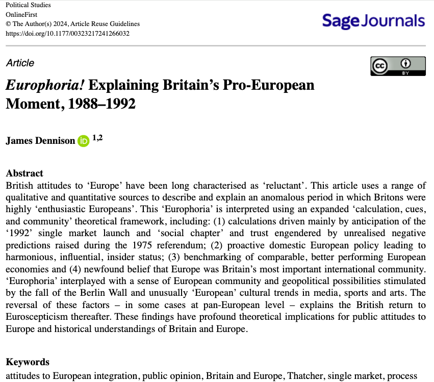 James Dennison (@jamesrdennison) on Twitter photo Why were British attitudes to Europe so unusually positive in the late '80s and early '90s?
In "Europhoria! Explaining Britain’s Pro-European Moment, 1988–1992"—now published #openaccess in <a href="/PolStudies/">Political Studies</a>—I use a range of qual & quant data to explore why🧵
journals.sagepub.com/doi/10.1177/00… Why were British attitudes to Europe so unusually positive in the late '80s and early '90s?
In "Europhoria! Explaining Britain’s Pro-European Moment, 1988–1992"—now published #openaccess in <a href="/PolStudies/">Political Studies</a>—I use a range of qual & quant data to explore why🧵
journals.sagepub.com/doi/10.1177/00…