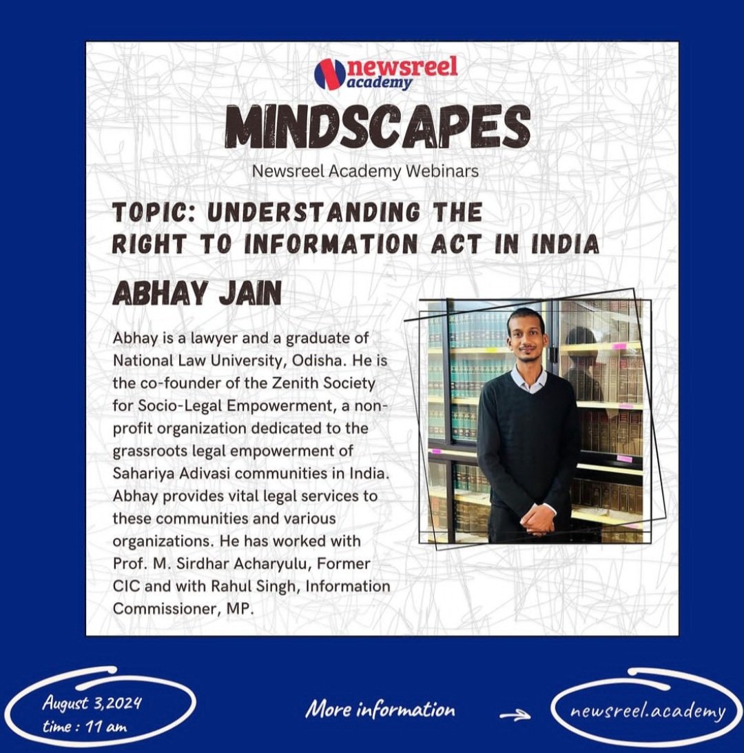 Our co-founder, Abhay Jain, is conducting a webinar for Newsreel Asia on the topic of, 'Understanding the Right to Information Act in India' at 11 am on August 3rd. It is open to everyone to attend by registering at the link shared!  us02web.zoom.us/meeting/regist…