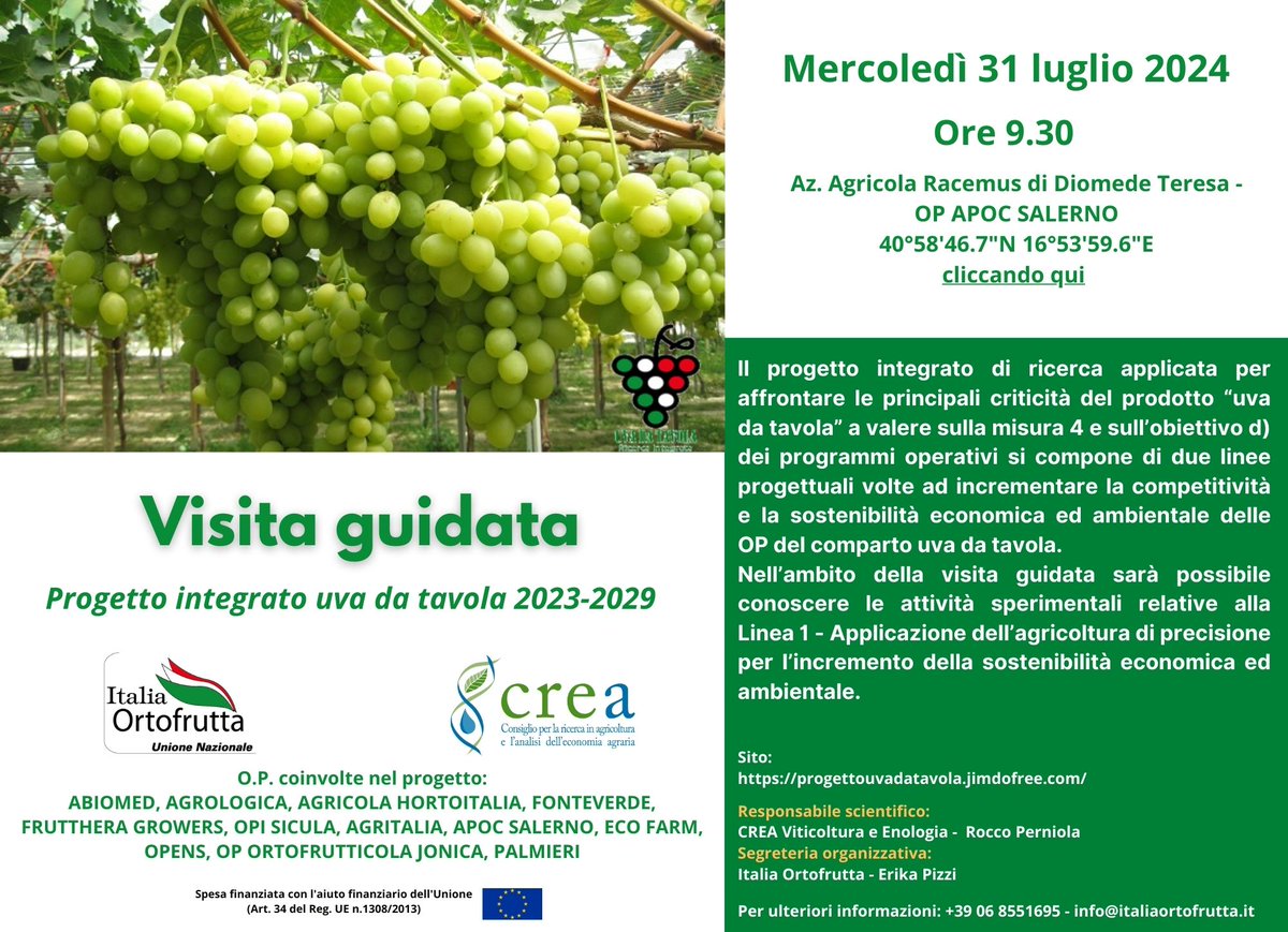 Il giorno mercoledì 31 luglio alle ore 9.30 nell’ambito delle attività divulgative si terrà una visita presso l’Az. Agricola Racemus di Teresa Diomede socia della OP APOC SALERNO sita in Casamassima (BA) raggiungibile  utilizzando le coordinate 40°58'46.7"N 16°53'59.6"