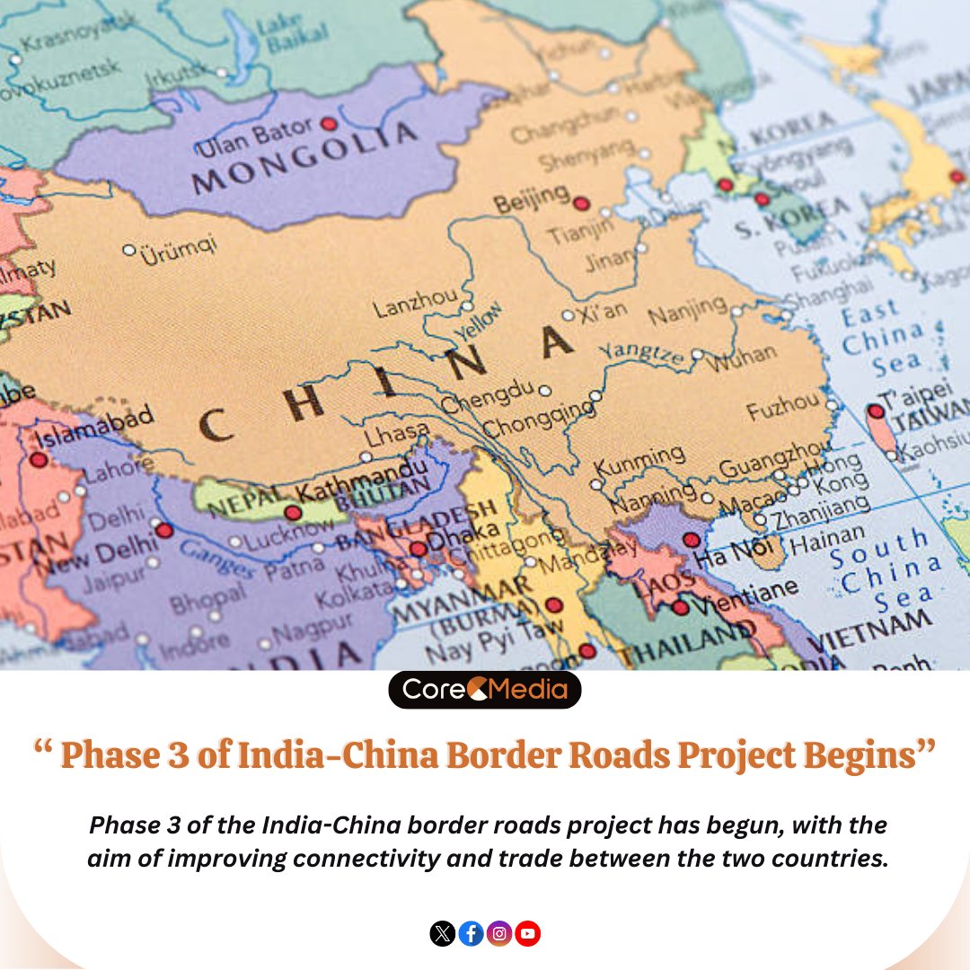 coremedia_x's tweet image. India and China kickstart Phase 3 of border roads project. New roads &amp;amp; bridges to boost trade, connectivity &amp;amp; local economy. Aims to improve access to remote areas &amp;amp; strategic locations. A symbol of growing cooperation between the two nations. #IndiaChina #BorderRoads #Project