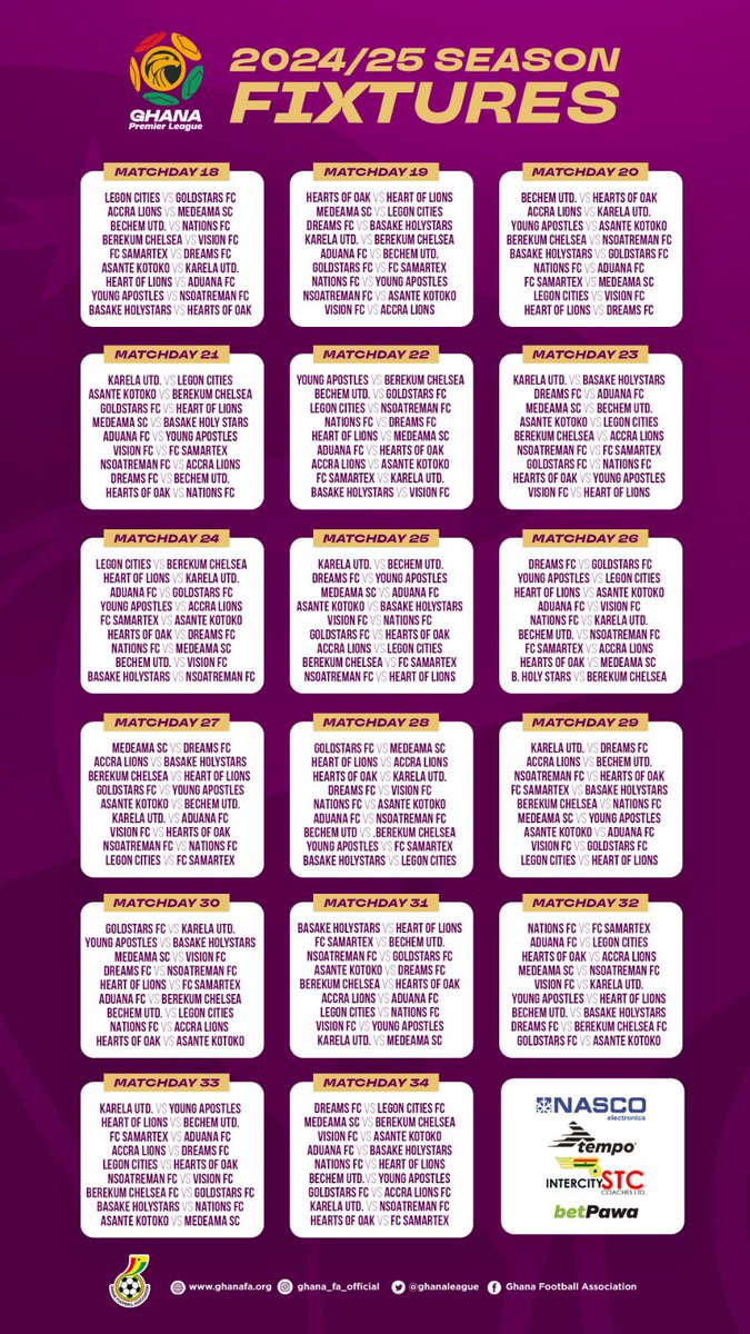 Mark your calendars! 🗓️ 

It's time to plan your matchdays #GPL clubs - 2024/25 season fixtures are out now! 📝⚽️ 

#GhanaPremierLeague