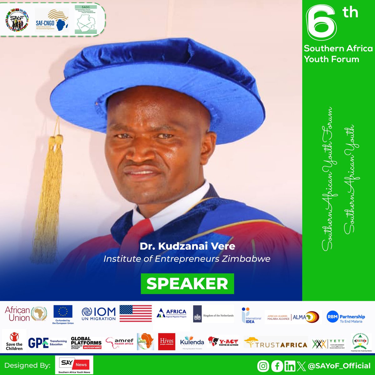 📢📢#6thSouthernAfricaYouthForum Speaker Spotlight💡

📌Dr. Kudzanai Vere🇿🇼

📍Harare, Zimbabwe🇿🇼

🗓️1⃣0⃣ - 1⃣3⃣ August 2⃣0⃣2⃣4⃣

#SouthernAfricaYouth #6thSouthernAfricaYouthForum