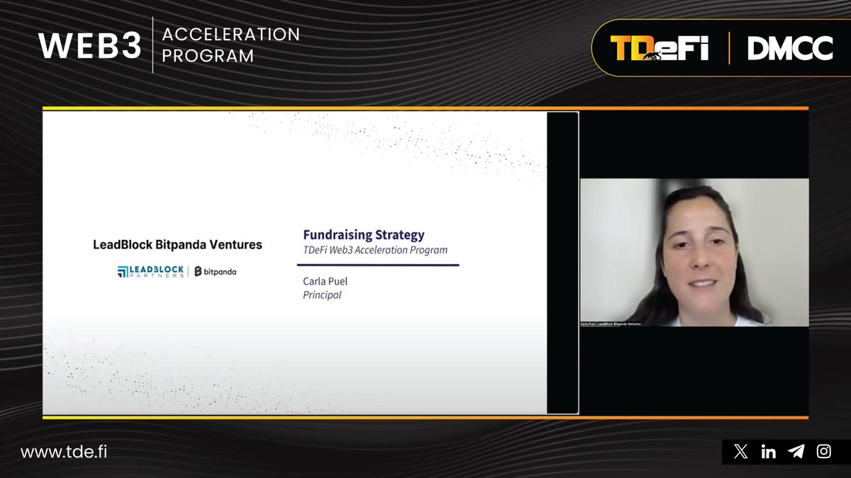 TDe_Fi's tweet photo. Master the Art of Fundraising Strategy with @carla_puel, Principal at LeadBlock Bitpanda Ventures (@LeadBlockP)

Unlock the secrets to successful fundraising with industry expert Carla Puel, in our latest session on "Fundraise Strategy." Whether you're an early-stage startup or looking to scale, this session offers valuable insights into developing effective fundraising strategies that captivate investors and secure the necessary capital.

Highlights of this discussion include:
👉 Key components of a robust fundraise strategy tailored to today's market conditions.
👉 How to position your startup to attract the right investors.
👉 What are investors evaluating in a project?
👉 The importance of aligning your business goals with investor expectations to foster productive partnerships.

Additional tips:
👉 Do not follow the current narratives
👉 Balance between a wide target market and focus
👉 Prepare your fundraise and raise smartly
👉 Choose your investors wisely and don't be too greedy:)

Carla Puel, a seasoned investment professional at LeadBlock Bitpanda Ventures, shares her deep knowledge and experiences. She provides actionable advice on navigating the complex landscape of venture capital and private funding.

This Web3 Accelerator Program is our contribution to the Crypto Ecosystem. We aim to provide startups with practical insights from experienced mentors, highlighting the importance of creating value and engaging with investors effectively, in collaboration with @dmcccrypto and Blockchain partner @Elysium_VF.

Meet our stellar startups in this cohort:
@XSoulverse || @Btclayer_ || @Bitwala || @deperpcom || Openramp || @uniramp || @paydece || @Inftytrade || @Reflection_toks || Maniac Panda Games || @EmpireOfSight || @MusicMoon111 || @Admeal_Official || @decentraclasses || @browsbit || @HEDGE3org 

#TDeFiAccelerationProgramCohort3 #FundraisingStrategy #VC #web3