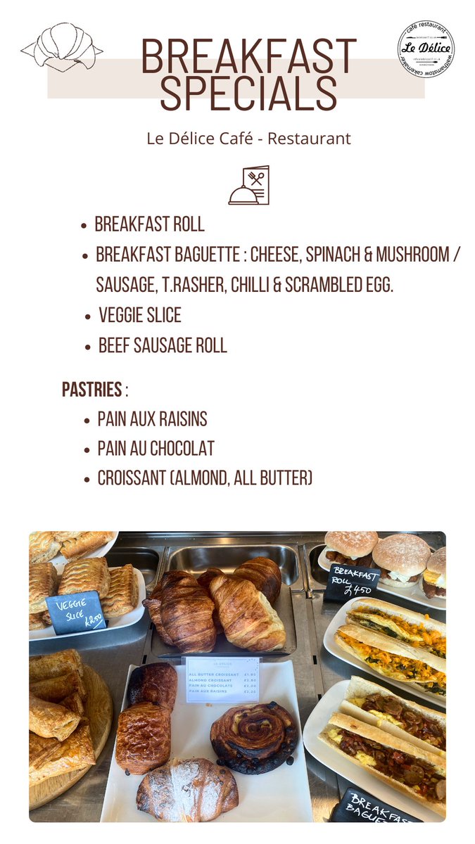 ⭐️Breakfast Specials At Le Délice 🍽️ #eatlocal #goodmorning #breakfast #homemade with #pastries #breakfastbaguette #breakfastroll and many more