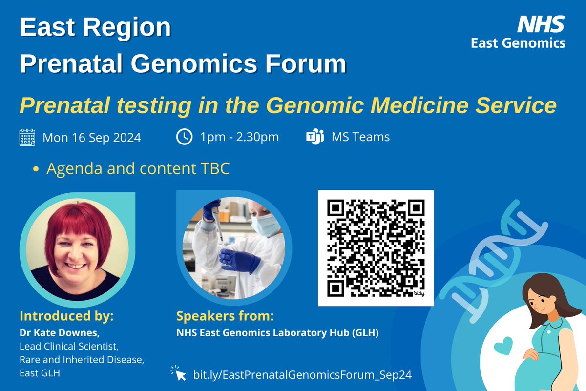 NHS East Genomics (@east_genomics) on Twitter photo Work in #Prenatal? Want to know more about genomic testing?
16 Sep @Kate_Sci from <a href="/CUH_NHS/">Cambridge University Hospitals NHS</a> genomics lab will discuss prenatal testing in Genomic Medicine Service
ℹ️ patients: arc-uk.org/tests-explaine…
ℹ️ clinicians: eastgenomics.nhs.uk/for-healthcare…
Register here: events.eahsn.org/EastRegionPren… Work in #Prenatal? Want to know more about genomic testing?
16 Sep @Kate_Sci from <a href="/CUH_NHS/">Cambridge University Hospitals NHS</a> genomics lab will discuss prenatal testing in Genomic Medicine Service
ℹ️ patients: arc-uk.org/tests-explaine…
ℹ️ clinicians: eastgenomics.nhs.uk/for-healthcare…
Register here: events.eahsn.org/EastRegionPren…