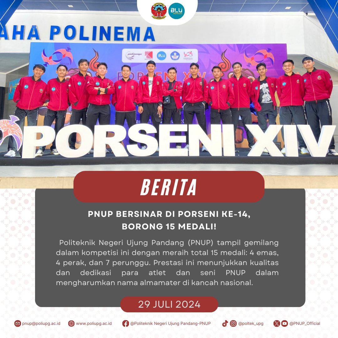OfficialPnup's tweet photo. Selamat kepada seluruh atlet dan seniman PNUP yang berhasil meraih 15 medali di Porseni ke-14 Politeknik se-Indonesia! Terus semangat dan harumkan nama almamater!  🎉🥇🥈🥉
#Porseni2024 #PNUP #PoliteknikNegeriUjungPandang #Prestasi #Olahraga #Seni #PoliteknikSeIndonesia https://t.co/fy796Yxm4u