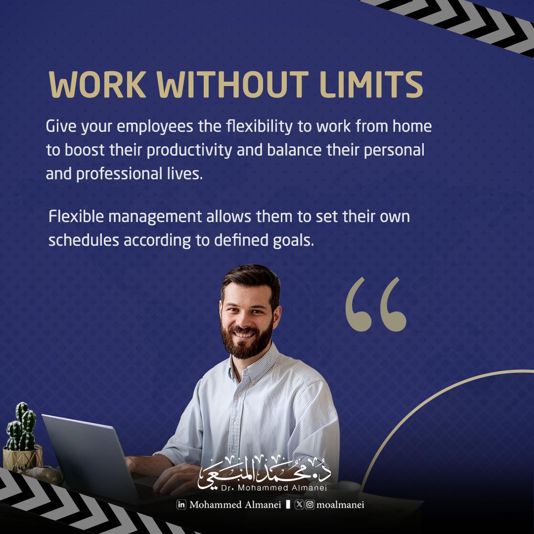 moalmanei's tweet photo. العمل بلا قيود يعزز إنتاجية الموظفين ويوفر توازنا أفضل بين الحياة الشخصية والمهنية من خلال السماح لهم بالعمل من المنزل وفق جداول مرنة.

#الإدارة_المرنة #العمل_عن_بعد #توازن_الحياة_والعمل #إنتاجية_عالية #محمد_المنعي #قيادة_ناجحة

#FlexibleManagement #RemoteWork #WorkLifeBalanc https://t.co/jVmdmRISqA