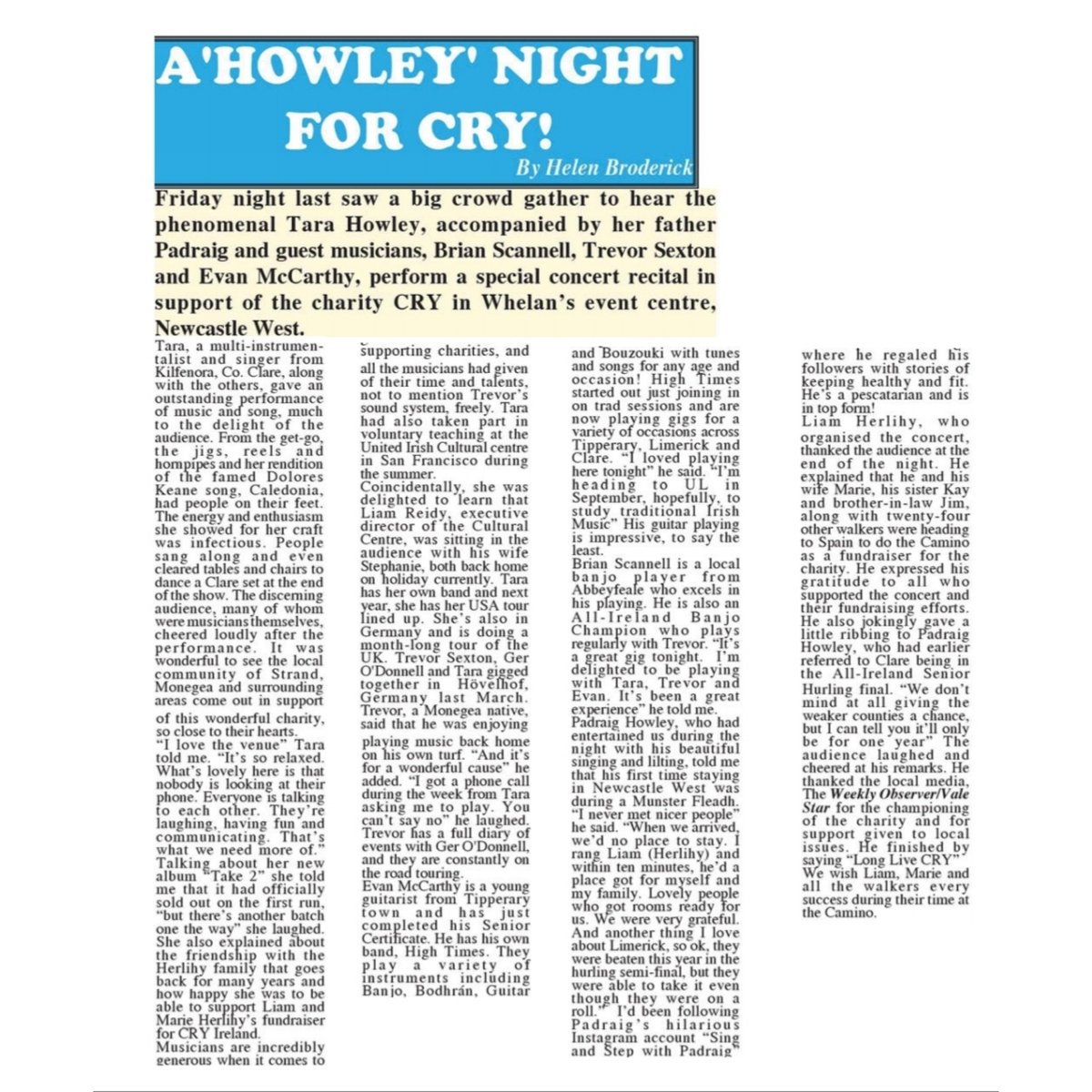 CRYIre's tweet photo. Great coverage in the #WeeklyObserver #Limerick from the fantastic night provided @tara_howley for the #Camino fundraiser for https://t.co/C9g4xkCiyv in @whelansbar1.
Huge thanks to everyone who supported & donated so generously.🙏
#Charity #FriendsOfCRY #Limerick https://t.co/s4x5fIJePP