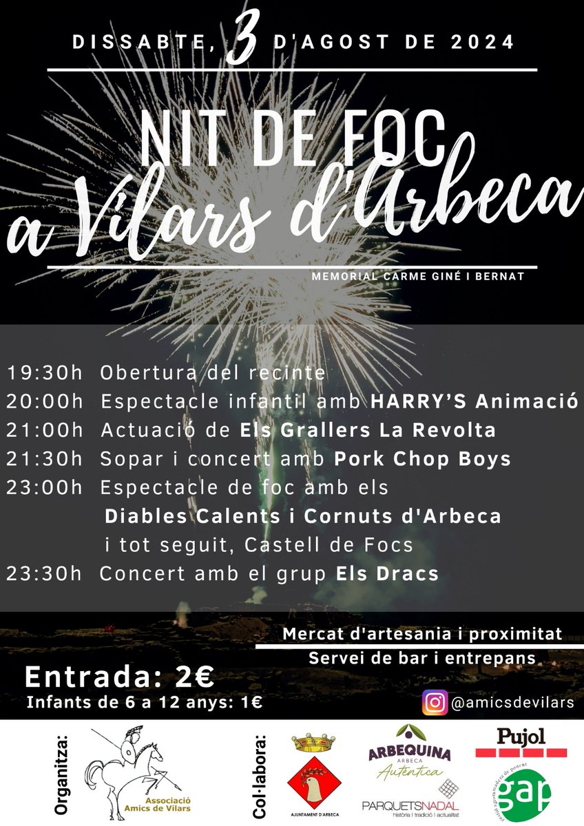 Aquest dissabte 3 d'agost a la fortalesa Vilars "Nit de Foc", a partir de les 19.30 h obertura de les portes del recinte per una trobada plena d'activitats. Un any més, GAP Cooperativa dona el seu suport a aquesta activitat pilotada per l'Associació Amics del Vilars.