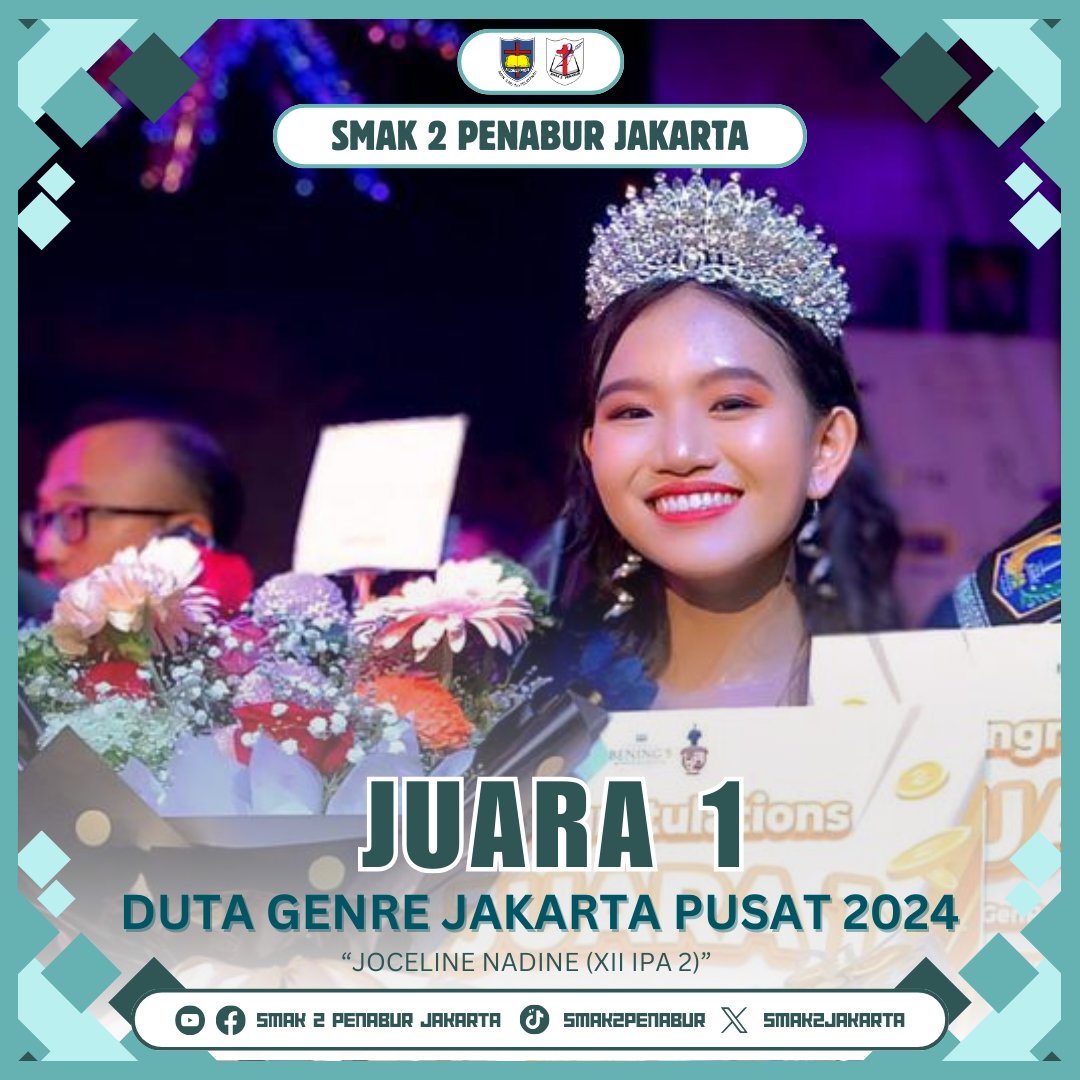 Selamat kepada Joceline Nadine, siswa kelas XII IPA 2, atas prestasinya meraih Juara 1 Duta Genre Jakarta Pusat! 

Terus berkarya dan menjadi inspirasi bagi generasi muda lainnya! ✨

#smak2penaburjakarta #smak2jakarta #bpkpenabur #dutagenre