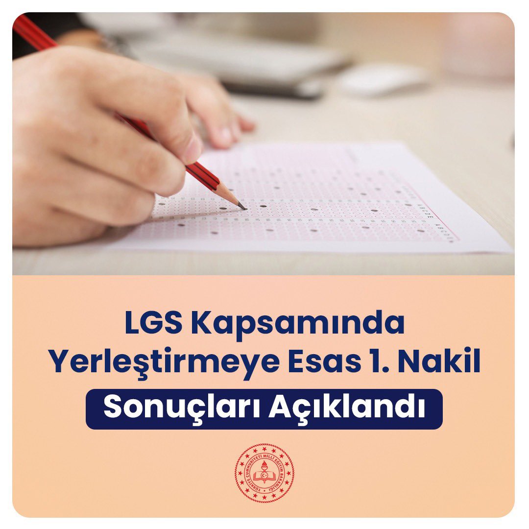 LGS Kapsamında Yerleştirmeye Esas 1. Nakil Sonuçları Açıklandı

👉🏻 meb.ai/0vvKB0

<a href="/Yusuf__Tekin/">Yusuf Tekin</a> 
<a href="/drsuleymanelban/">Dr. Süleyman Elban</a> 
<a href="/yahsiomer/">Dr. Ömer YAHŞİ</a>