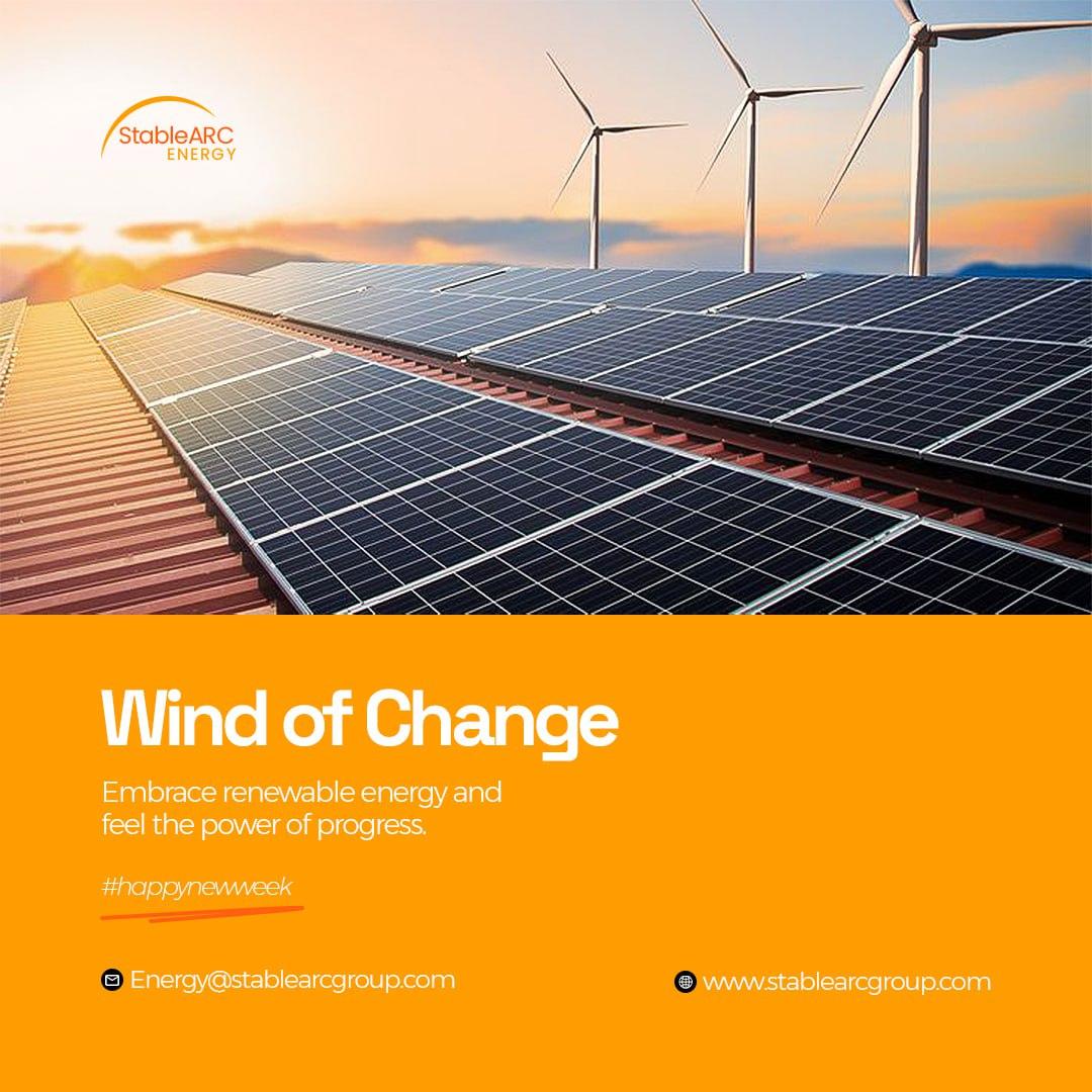 StableARCEnergy's tweet photo. Embrace the wind of change this week with StableARC Energy. Harnessing nature's power, we're driving the future of renewable energy. Join us in making a sustainable impact, one breeze at a time. 🌿💨 
#NewBeginnings #RenewableEnergy #WindPower #SustainableFuture #StableARCEnergy https://t.co/8zO8ed4bf0