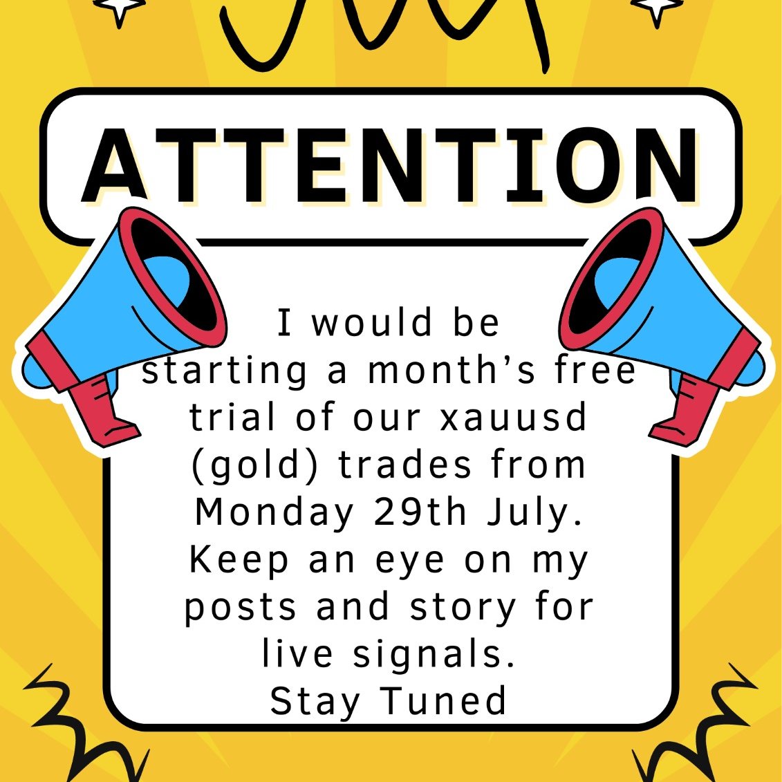 JessXAUUSD's tweet photo. Attention ⚠️
I would be starting a month's free trials of our #XAUUSD (#GOLD) trades from today.
keep an eyes on my post for #livesignals.
Stay tuned.📩👍
#ForexTrading #CurrencyExchange #ForexSignals #ForexMarket #ForexTrader #ForexStrategy #ForexAnalysis #ForexInvesting https://t.co/3aYtRmDjXv