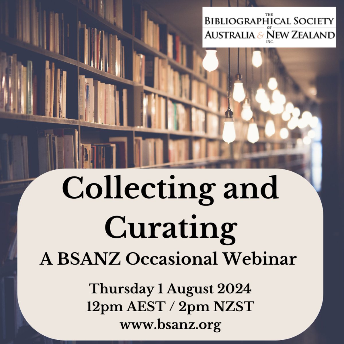 Bibliographical Society of Australia & New Zealand (@bibsocanz) on Twitter photo Join BSANZ online this Thursday to hear President
<a href="/SimonFarley6/">Simon Farley</a> in conversation with
@MaggiePatts, Dawn Albinger, & Chris Browne, about collecting & curating books for professional & private use.
12pm AEST Thurs 1 Aug
Register: tinyurl.com/yyp9n3zt
<a href="/ALIARareSpecial/">ALIA Rare Books and Special Collections</a>
<a href="/SHARPorg/">SHARP (@sharporg@hcommons.social)</a> Join BSANZ online this Thursday to hear President
<a href="/SimonFarley6/">Simon Farley</a> in conversation with
@MaggiePatts, Dawn Albinger, & Chris Browne, about collecting & curating books for professional & private use.
12pm AEST Thurs 1 Aug
Register: tinyurl.com/yyp9n3zt
<a href="/ALIARareSpecial/">ALIA Rare Books and Special Collections</a>
<a href="/SHARPorg/">SHARP (@sharporg@hcommons.social)</a>