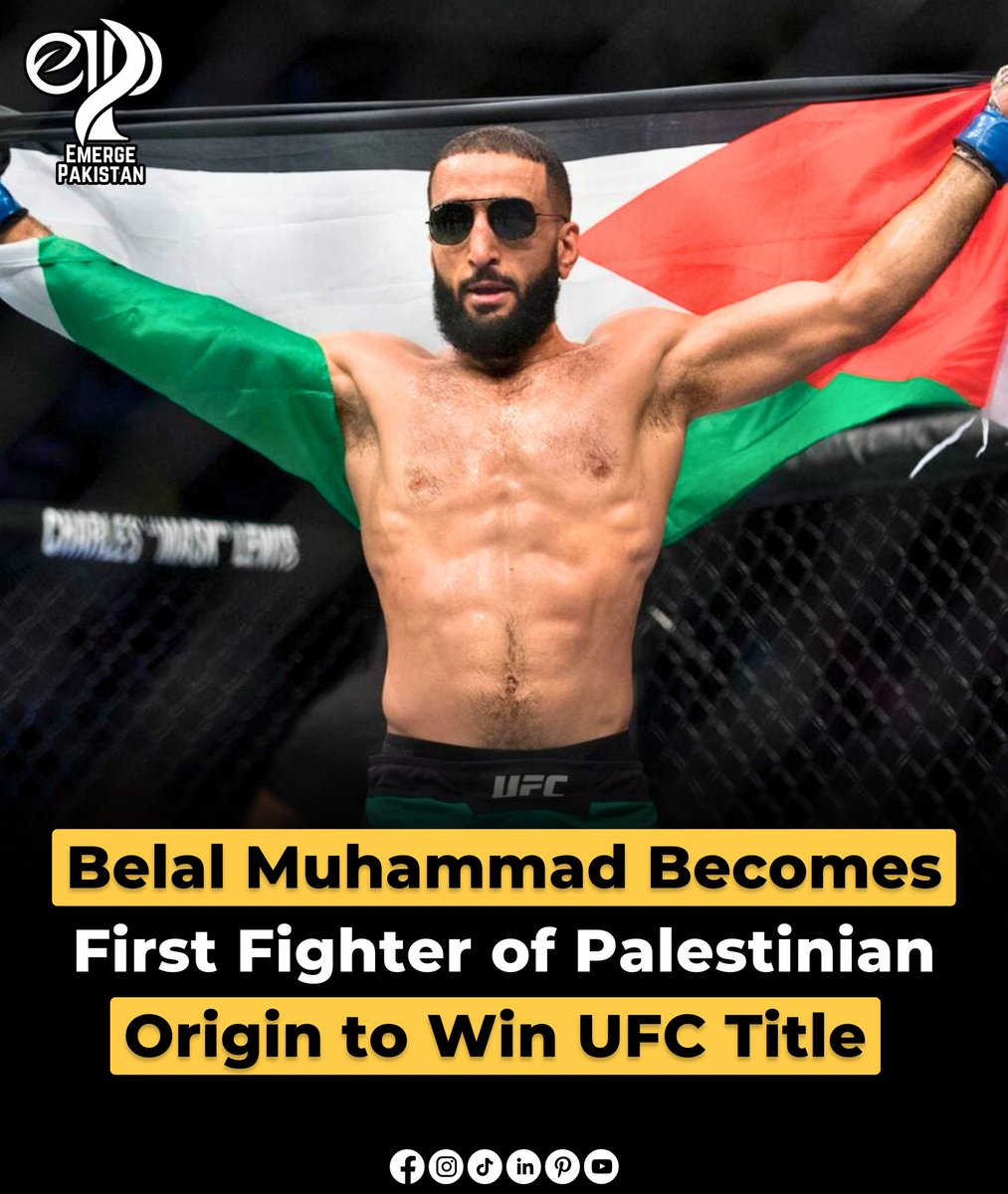 EmergePakistan's tweet photo. Belal Muhammad has made history by becoming the first mixed martial arts fighter of Palestinian background to win a UFC title, snatching the welterweight crown from Englishman champion Leon Edwards.

#BelalMuhammad
#UFC #MMA
#Palestinian
#LeonEdwards
#MixedMartialArts https://t.co/aRahdJOdUY