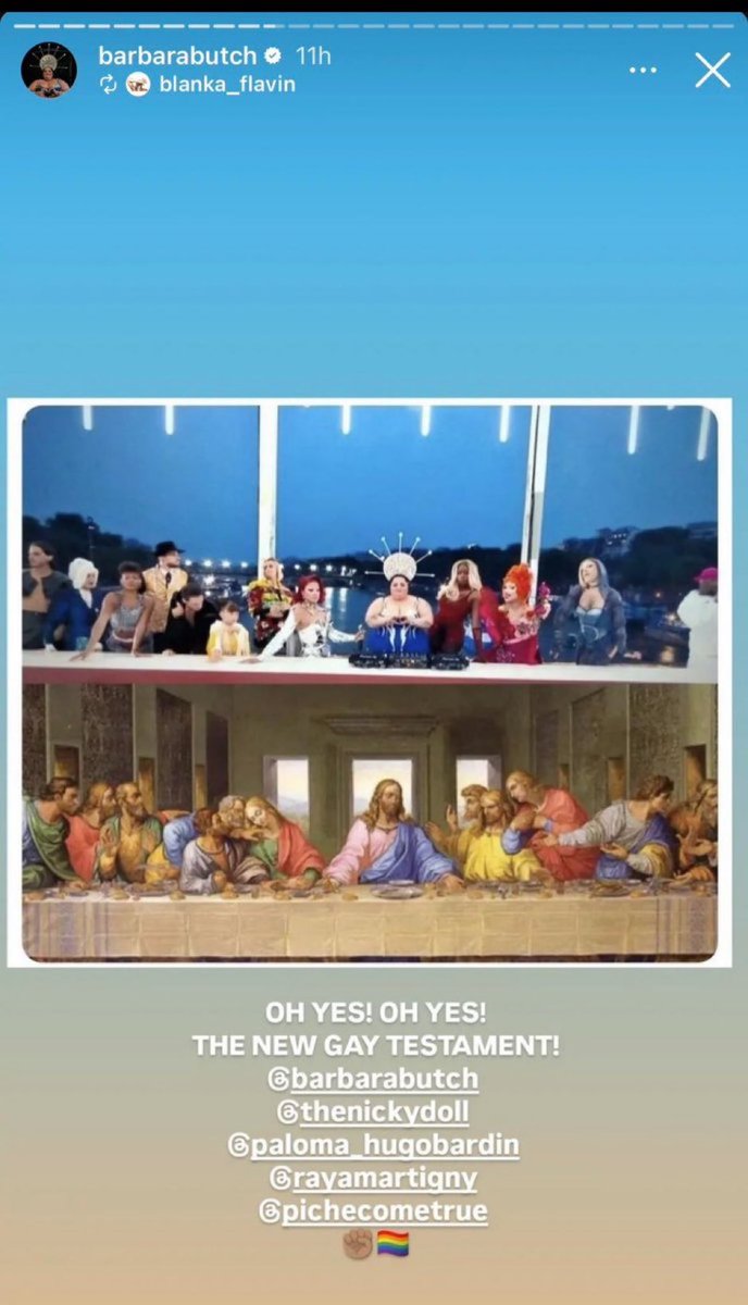 DenisPayre's tweet photo. De nombreux participants ont confirmé qu’il s’agissait de la Cène, dont la DJ Barbara Butch assise au milieu de la table qui a apparemment posté cette photo sur Instagram. Quand on accueille le monde en France, on évite d’offenser le tiers des invités, un principe élémentaire de courtoisie et de bon sens.