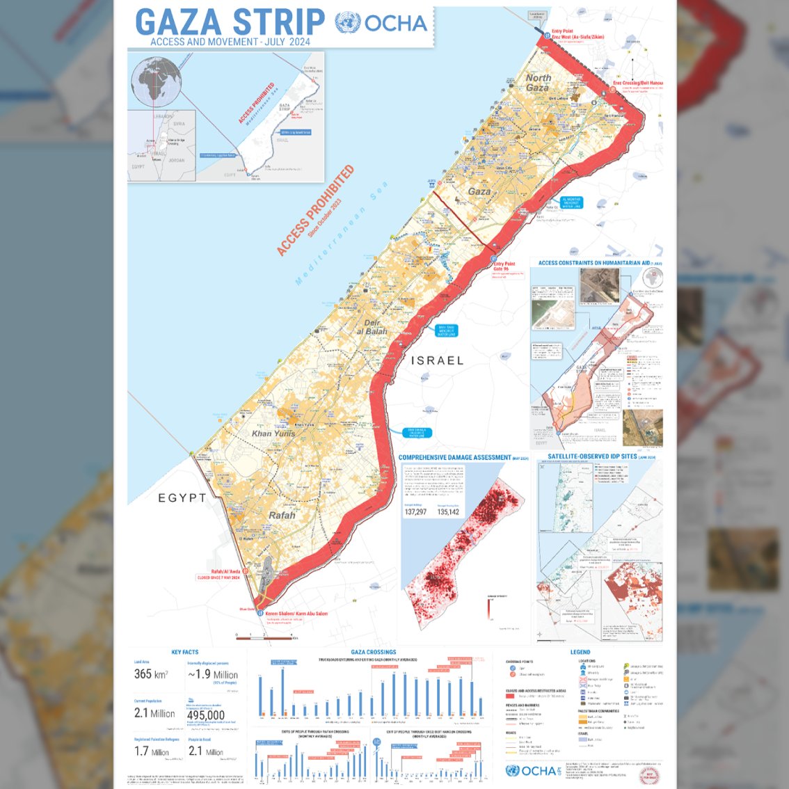 ochaopt's tweet photo. Our new map of the #Gaza Strip is out.

New checkpoints and divisions, expanded 'no-go' and 'high-risk' areas, massive destruction and displacement...

These are but some of the dramatic changes Gaza has undergone since our last poster-size map in September 2023.

Check it out 👇