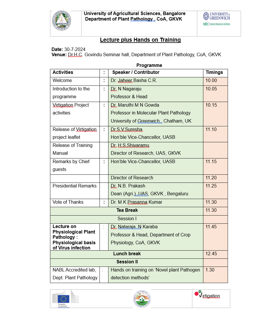 virtigation's tweet photo. On 30 July, #VIRTIGATION partners @NRInstitute & @UASBangalore are organising a lecture & hands on training for students on novel #PlantPathogen detection methods. This event will also launch a #VIRTIGATION training manual in this field. More info at: https://t.co/MAfVwNdwfw https://t.co/frJHngJfPR
