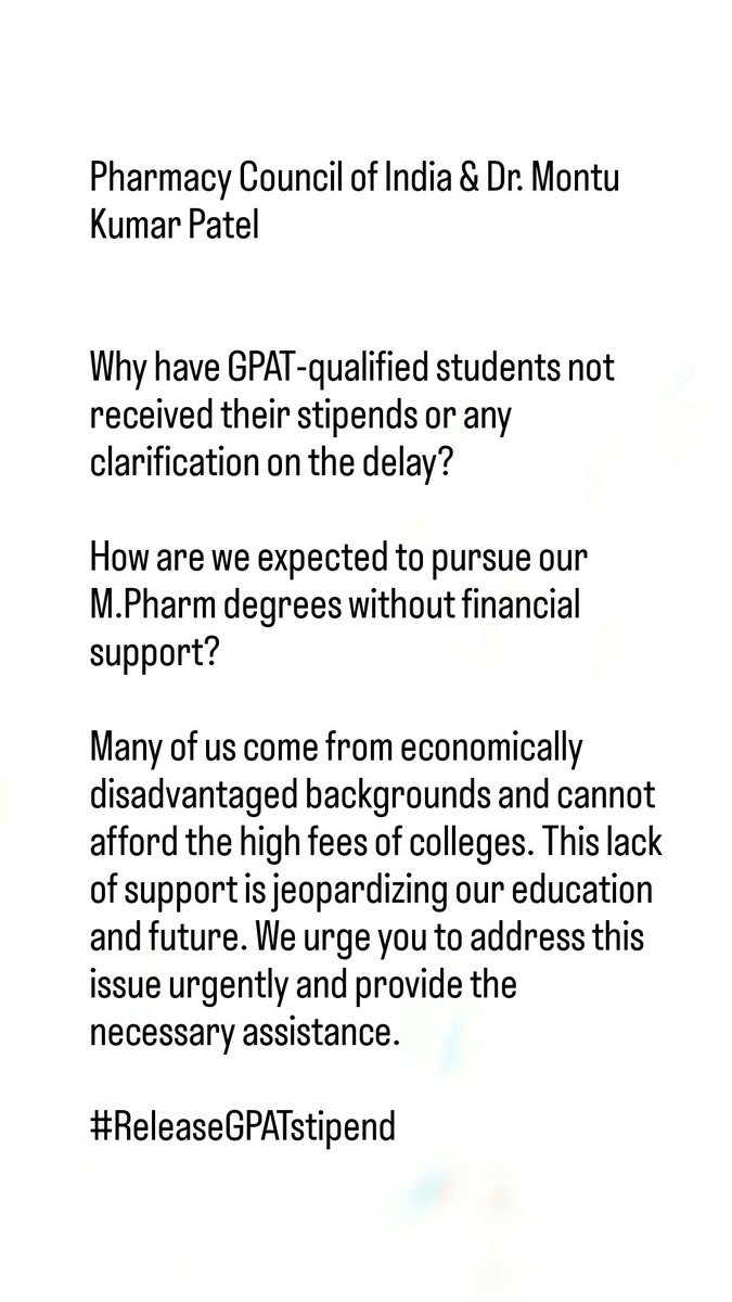 SuryanshTr18005's tweet photo. @dpradhanbjp @DrMontuPatel @President_PCI @narendramodi @GPAT_Discussion @AktuStudents 

#releaseGPATstipend https://t.co/pjSox6NZLA