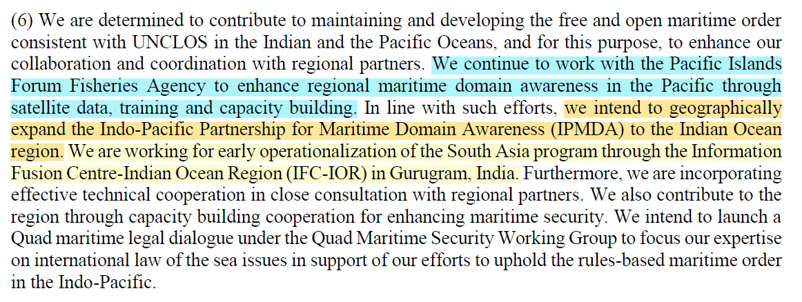 supbrow's tweet image. 🇯🇵🇦🇺🇮🇳🇺🇸 Quad Foreign Ministers’ Meeting Joint Statement

Section on Indo-Pacific Partnership for Maritime Domain Awareness #IPMDA.

Continuing with Pacific Island Countries and expanding to Indian Ocean Region.

@BlueSecProgram @DrTLeeBrown