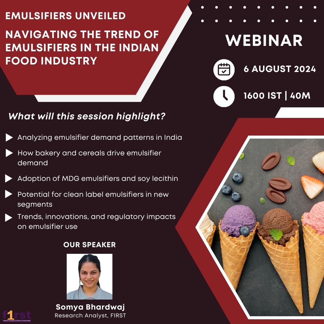 F1rst15's tweet image. Join Somya Bhardwaj in an interesting webinar as she explores the latest trends in emulsifiers in the Indian food industry.  

Click here to register for free - lnkd.in/g_F4chUX
Date: 6 August 2024, Tuesday 
Time: 1600 IST | 40min  

#food #emulsifiers #webinar #f1rst