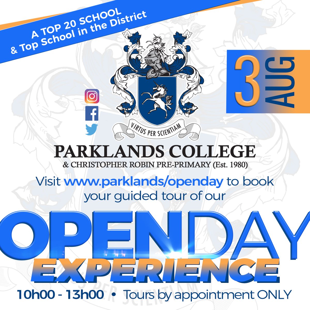 Join us Saturday 3 August for #OpenDay between 10am -1pm to experience what #ParklandsCollege &amp; #ChristopherRobin #PrePrimary has to offer! We look forward to welcoming your whole family!
Visit our website to book a tour parklands.co.za/openday/
#Enrol