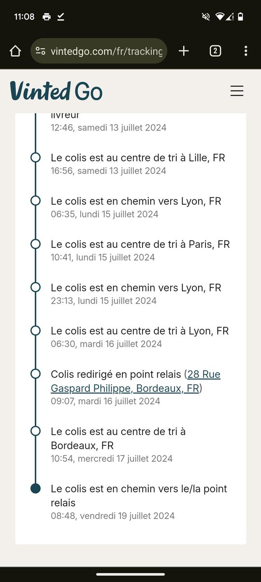 davidlimbo's tweet photo. La "livraison durable" selon #VintedGo : Lille-Lyon-Paris-Lyon-Bordeaux pour ensuite perdre le colis. Des champions de la durabilité. #Vinted @vinted https://t.co/Mj6YuazBxW
