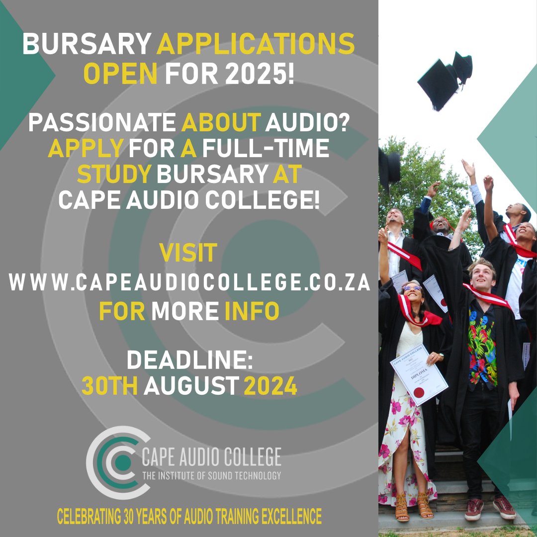 Unlock Your Future with a Bursary at Cape Audio College! 
Are you passionate about audio and ready to turn your dreams into reality?  Full-time bursaries for 2025! Application Deadline: Friday, 30th August 2024
Follow link for more info: bit.ly/4bSDroR