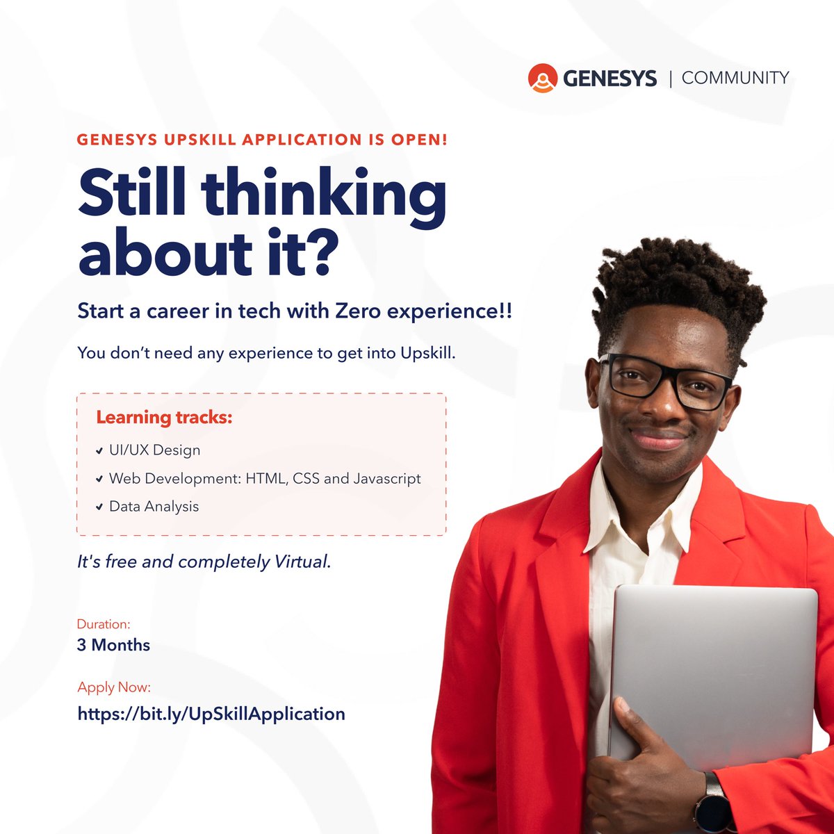 Did someone say Upskill? 💃🏿💃🏿

Start a career in tech with zero experience with Genesys UpSkill. 

Available Learning tracks: 
• UI/UX Design
• Web Development: HTML, CSS and Javascript
• Data Analysis 

It’s completely free! 

Apply Now: bit.ly/UpSkillApplica…