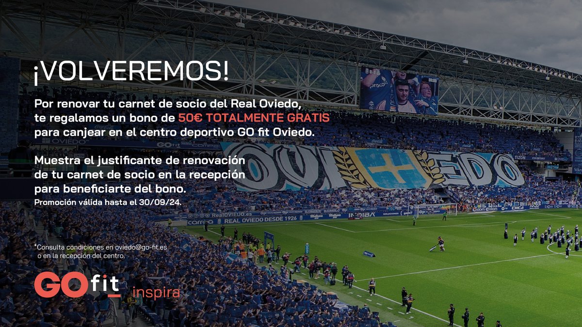 🏋🏻Nuestro patrocinador <a href="/GOfit_es/">GO fit</a> tiene un regalo para vosotros oviedistas 🎁

🔝 50€ para canjear en el centro deportivo para aquellos que renueven su abono esta temporada 👇🏻

#RealOviedo 🔵⚪